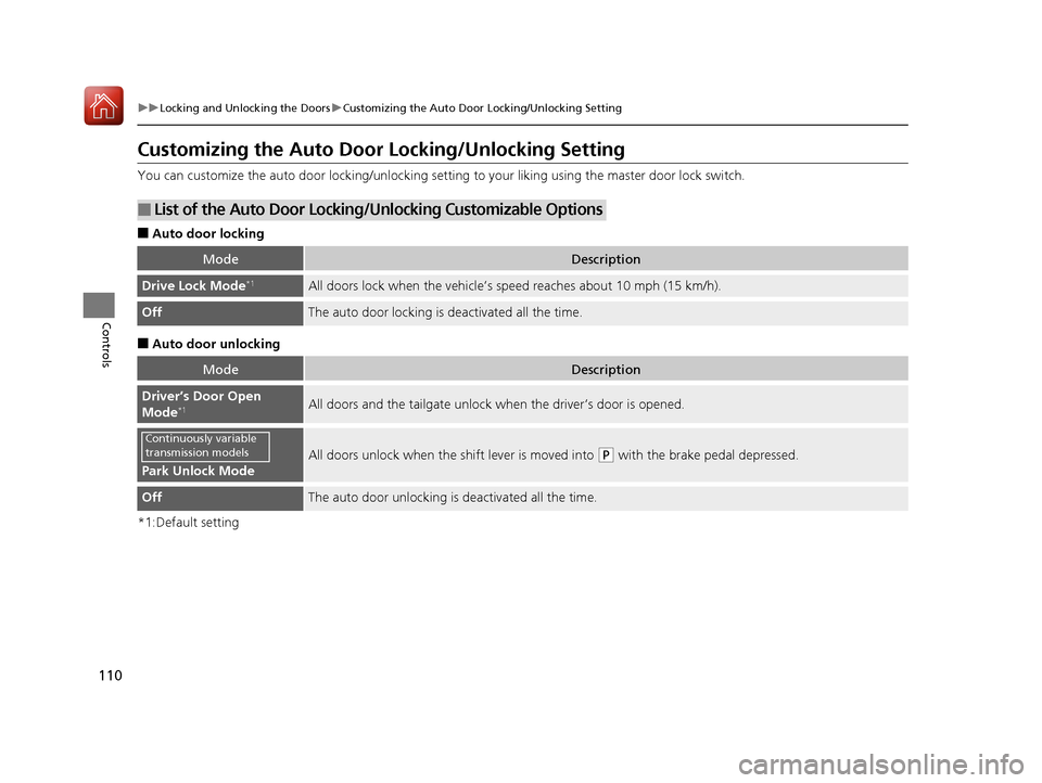 HONDA HR-V 2017 2.G Owners Manual 110
uuLocking and Unlocking the Doors uCustomizing the Auto Door Locking/Unlocking Setting
Controls
Customizing the Auto Door  Locking/Unlocking Setting
You can customize the auto door locking/unlocki