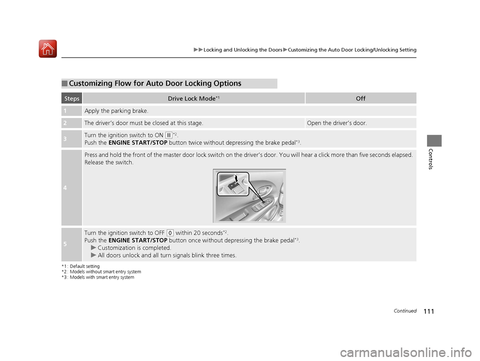 HONDA HR-V 2017 2.G Owners Manual 111
uuLocking and Unlocking the Doors uCustomizing the Auto Door Locking/Unlocking Setting
Continued
Controls
*1 : Default setting
*2 : Models without smart entry system
*3 : Models with smart entry s