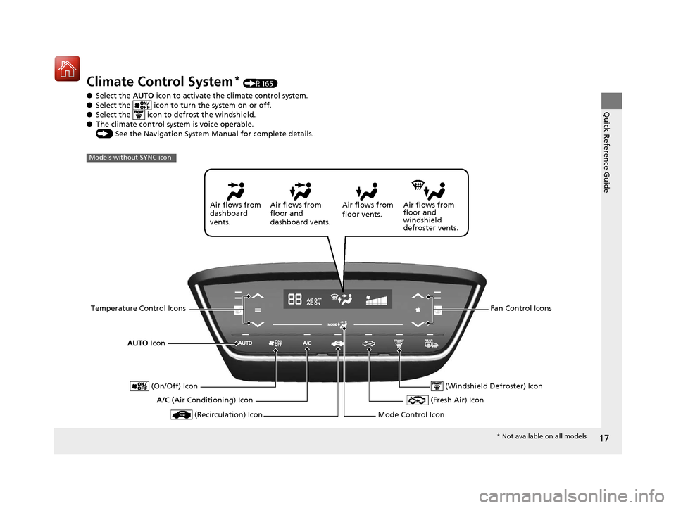 HONDA HR-V 2017 2.G User Guide 17
Quick Reference Guide
Climate Control System* (P165)
● Select the AUTO  icon to activate the climate control system.
● Select the   icon to tu rn the system on or off.
● Select the   icon to 