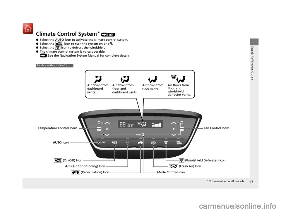 HONDA HR-V 2017 2.G Owners Manual 17
Quick Reference Guide
Climate Control System* (P165)
● Select the AUTO  icon to activate the climate control system.
● Select the   icon to tu rn the system on or off.
● Select the   icon to 