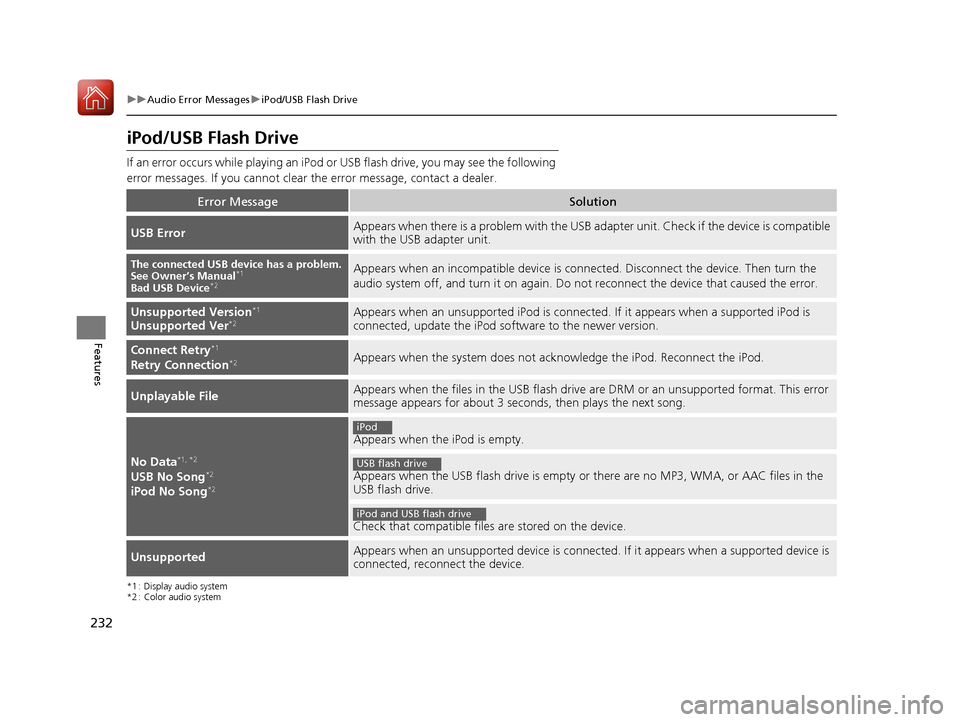 HONDA HR-V 2017 2.G Owners Manual 232
uuAudio Error Messages uiPod/USB Flash Drive
Features
iPod/USB Flash Drive
If an error occurs while playing an iPod or USB flash drive, you may see the following
error messages. If you cannot cl HONDA HR-V 2017 2.G Owners Manual 232
uuAudio Error Messages uiPod/USB Flash Drive
Features
iPod/USB Flash Drive
If an error occurs while playing an iPod or USB flash drive, you may see the following
error messages. If you cannot cl
