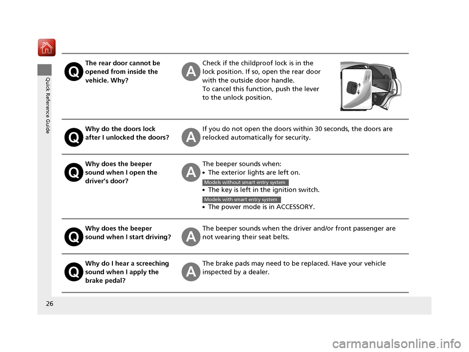 HONDA HR-V 2017 2.G Owners Manual 26
Quick Reference Guide
The rear door cannot be 
opened from inside the 
vehicle. Why?Check if the childproof lock is in the 
lock position. If so, open the rear door 
with the outside door handle.
T