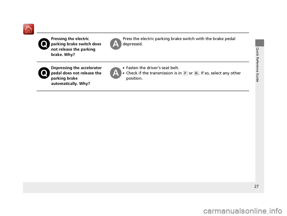 HONDA HR-V 2017 2.G Owners Manual 27
Quick Reference Guide
Pressing the electric 
parking brake switch does 
not release the parking 
brake. Why?Press the electric parking brake switch with the brake pedal 
depressed.
Depressing the a