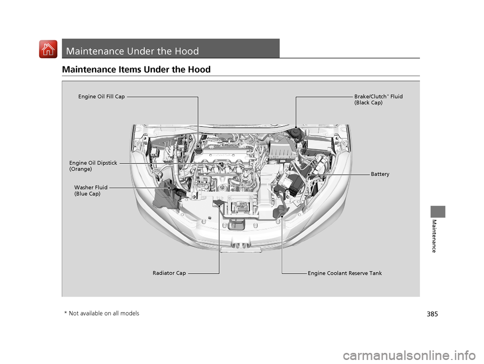 HONDA HR-V 2017 2.G Owners Manual 385
Maintenance
Maintenance Under the Hood
Maintenance Items Under the Hood
Brake/Clutch* Fluid 
(Black Cap)
Engine Coolant Reserve Tank
Radiator Cap
Washer Fluid 
(Blue Cap)
Engine Oil Dipstick 
(Ora