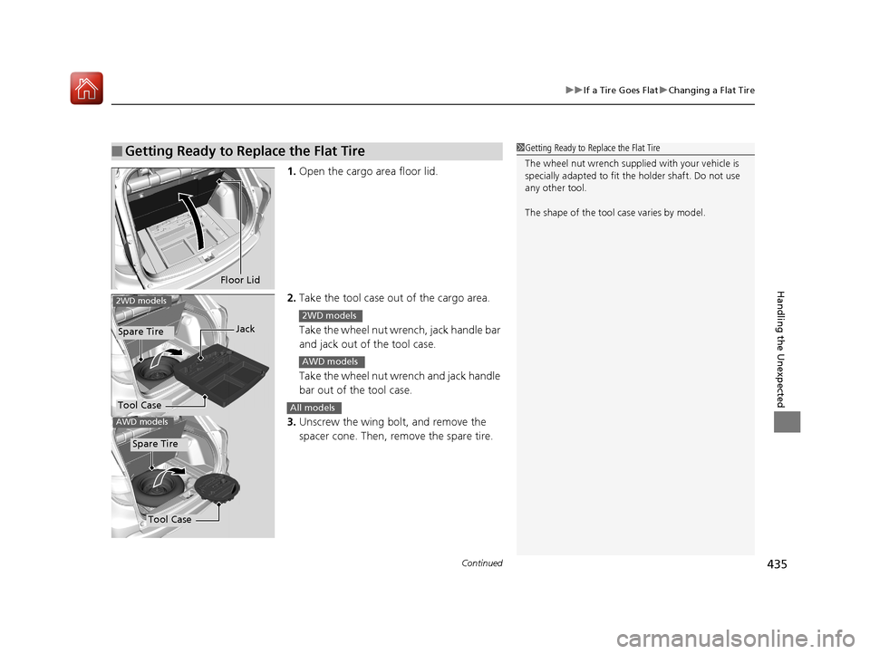 HONDA HR-V 2017 2.G Owners Manual Continued435
uuIf a Tire Goes Flat uChanging a Flat Tire
Handling the Unexpected
1. Open the cargo area floor lid.
2. Take the tool case out of the cargo area. 
Take the wheel nut wrench, jack handle 