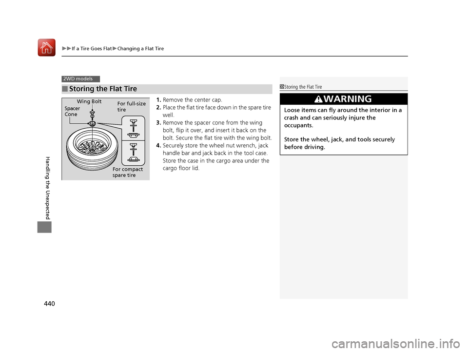 HONDA HR-V 2017 2.G Owners Manual uuIf a Tire Goes Flat uChanging a Flat Tire
440
Handling the Unexpected
1. Remove the center cap.
2. Place the flat tire face down in the spare tire 
well.
3. Remove the spacer  cone from the wing 
bo