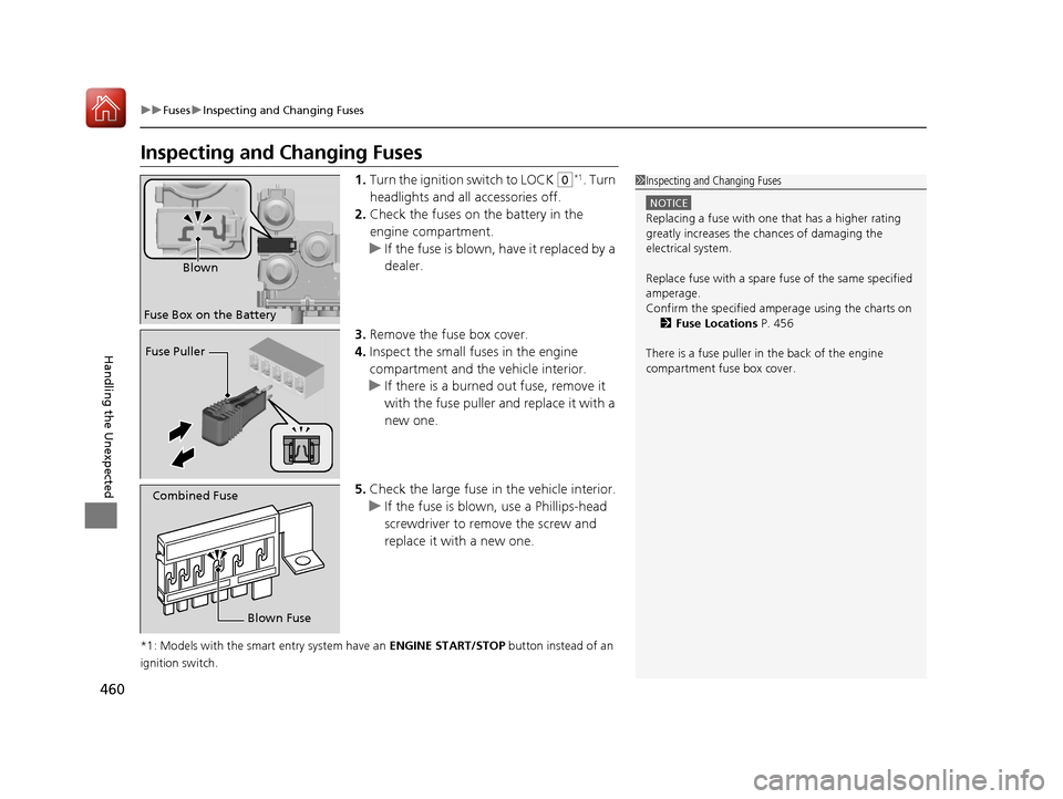 HONDA HR-V 2017 2.G Owners Manual 460
uuFuses uInspecting and Changing Fuses
Handling the Unexpected
Inspecting and Changing Fuses
1. Turn the ignition  switch to LOCK (0*1. Turn 
headlights and all accessories off.
2. Check the fuses