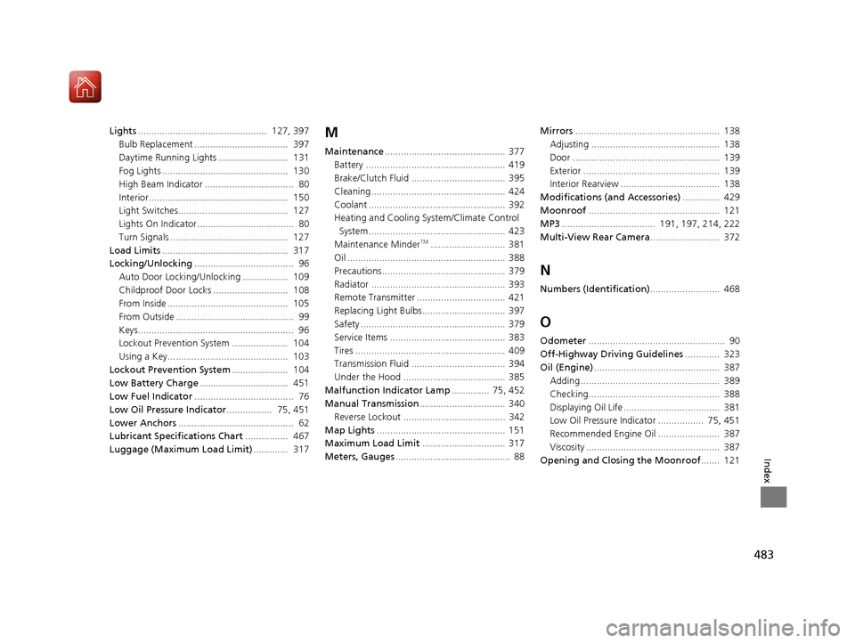 HONDA HR-V 2017 2.G Owners Manual 483
Index
Lights................................................  127, 397
Bulb Replacement ...................................  397
Daytime Running Lights ..........................  131
Fog Lights .