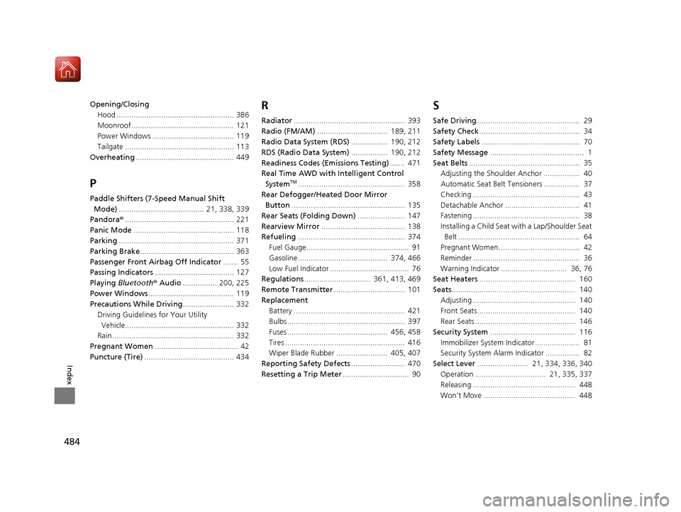 HONDA HR-V 2017 2.G Owners Guide 484
Index
Opening/ClosingHood ....................................................... 386
Moonroof ................................................ 121
Power Windows ..................................