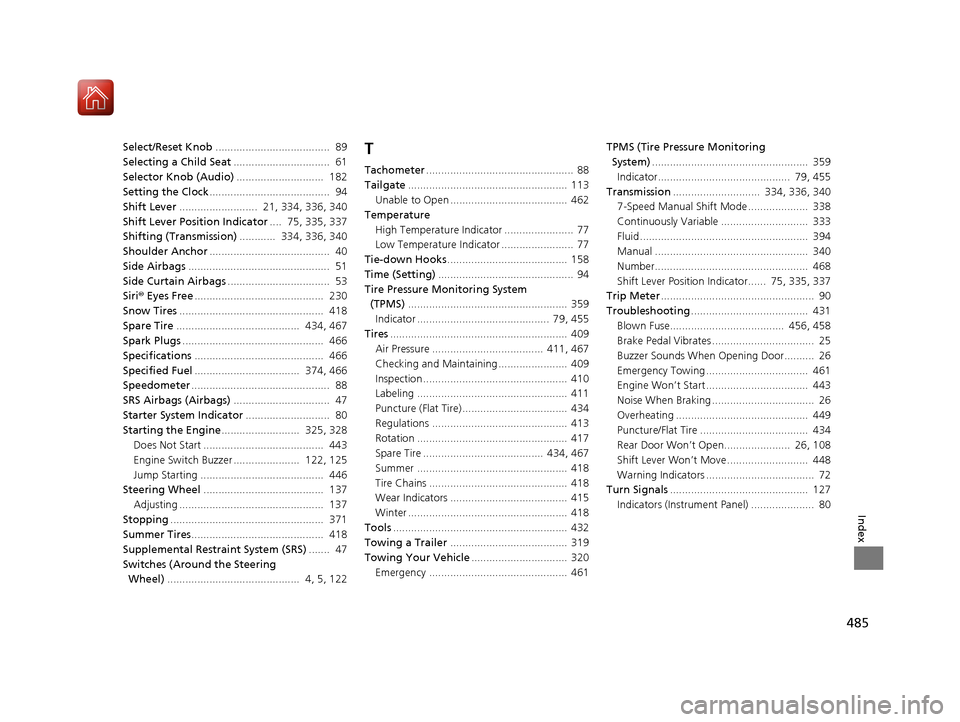 HONDA HR-V 2017 2.G Owners Manual 485
Index
Select/Reset Knob...................................... 89
Selecting a Child Seat ................................ 61
Selector Knob (Audio) ............................. 182
Setting the C HONDA HR-V 2017 2.G Owners Manual 485
Index
Select/Reset Knob...................................... 89
Selecting a Child Seat ................................ 61
Selector Knob (Audio) ............................. 182
Setting the C