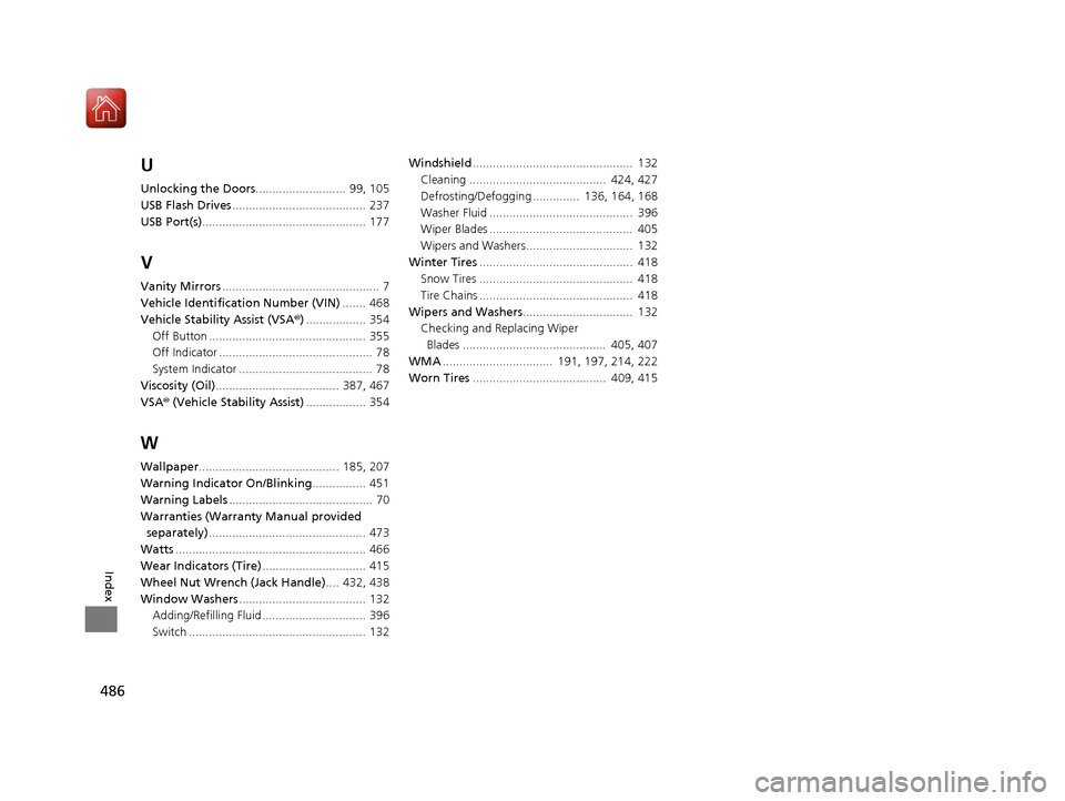 HONDA HR-V 2017 2.G Owners Manual 486
Index
U
Unlocking the Doors...........................  99, 105
USB Flash Drives ........................................ 237
USB Port(s) ................................................. 177
V
Va