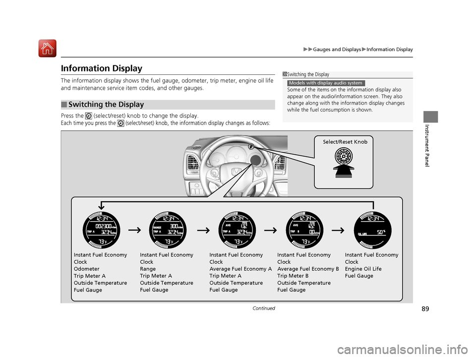 HONDA HR-V 2017 2.G Manual Online 89
uuGauges and Displays uInformation Display
Continued
Instrument Panel
Information Display
The information display shows the fuel gauge, odometer, trip meter, engine oil life
and maintenance servi HONDA HR-V 2017 2.G Manual Online 89
uuGauges and Displays uInformation Display
Continued
Instrument Panel
Information Display
The information display shows the fuel gauge, odometer, trip meter, engine oil life
and maintenance servi