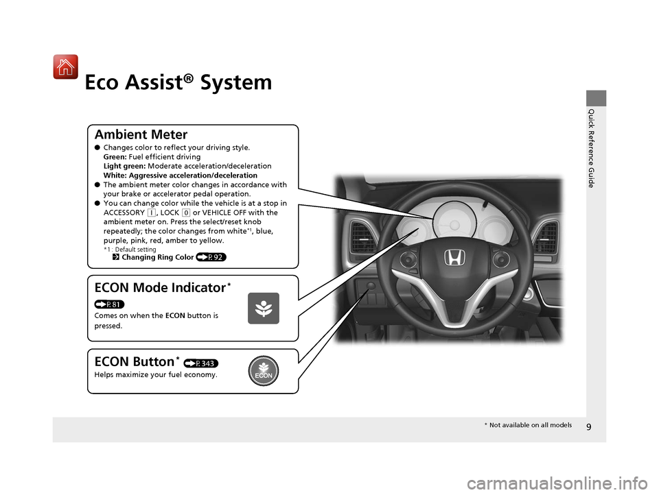 HONDA HR-V 2017 2.G Owners Manual 9
Quick Reference Guide
Eco Assist® System
Ambient Meter
●Changes color to reflec t your driving style.
Green:  Fuel efficient driving
Light green: Moderate acceleration/deceleration
White: Aggress