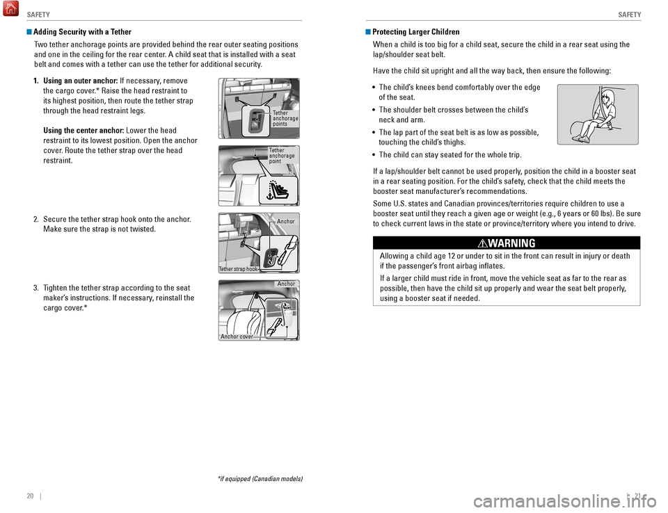 HONDA HR-V 2017 2.G Quick Guide 20    ||    21
       S AFETY
S
AFETY
 Adding Security with a Tether
Two tether anchorage points are provided behind the rear outer seating po\
sitions 
and one in the ceiling for the rear center. A c