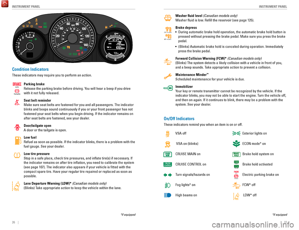 HONDA HR-V 2017 2.G Quick Guide 26    ||    27
       I NSTRUMENT  P
ANELI
NSTRUMENT  P
ANEL
Condition Indicators
These indicators may require you to perform an action.
Parking brake
Release the parking brake before driving. You wil