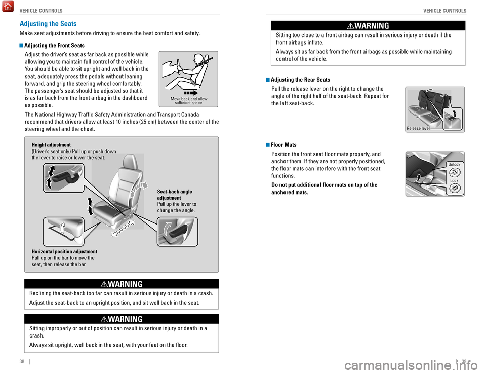 HONDA HR-V 2017 2.G Quick Guide 38    ||    39
       V EHICLE  C ONTROLS
V
EHICLE  C ONTROLS
Reclining the seat-back too far can result in serious injury or death in\
 a crash.
Adjust the seat-back to an upright position, and sit w