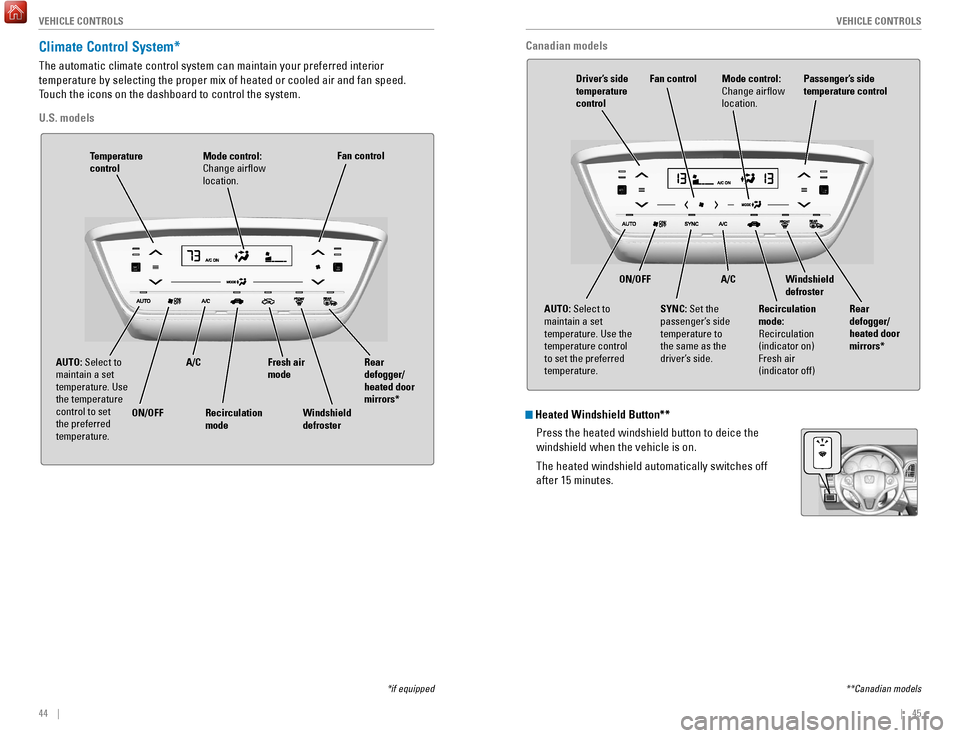 HONDA HR-V 2017 2.G Quick Guide 44    ||    45
       V EHICLE  C ONTROLS
V
EHICLE  C ONTROLS
Climate Control System* 
The automatic climate control system can maintain your preferred interio\
r 
temperature by selecting the proper 