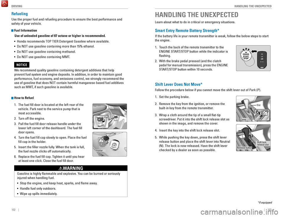 HONDA HR-V 2017 2.G Quick Guide 102 || 103
HANDLING THE UNEXPECTED
DRIVING
Refueling
Use the proper fuel and refueling procedure to ensure the best performan\
ce and
safety of your vehicle.
Fuel Information
Use of unl HONDA HR-V 2017 2.G Quick Guide 102 || 103
HANDLING THE UNEXPECTED
DRIVING
Refueling
Use the proper fuel and refueling procedure to ensure the best performan\
ce and
safety of your vehicle.
Fuel Information
Use of unl