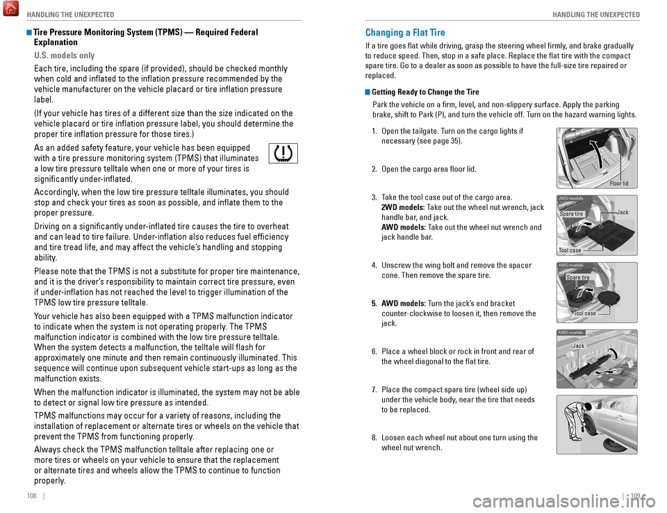 HONDA HR-V 2017 2.G Quick Guide 108 || 109
HANDLING THE UNEXPECTED
HANDLING THE UNEXPECTED
Tire Pressure Monitoring System (TPMS) — Required Federal
Explanation
U.S. models only
Each tire, including the spare ( HONDA HR-V 2017 2.G Quick Guide 108 || 109
HANDLING THE UNEXPECTED
HANDLING THE UNEXPECTED
Tire Pressure Monitoring System (TPMS) — Required Federal
Explanation
U.S. models only
Each tire, including the spare (