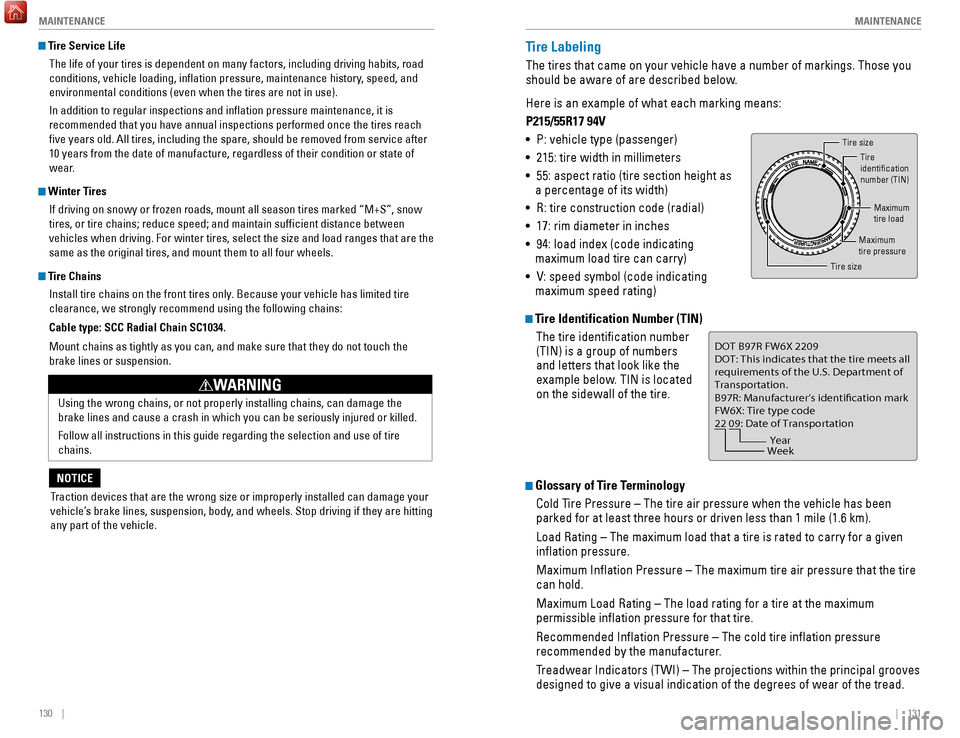 HONDA HR-V 2017 2.G Quick Guide 130    ||    131
       MAINTENANCE
MAINTENANCE
 Tire Service Life
The life of your tires is dependent on many factors, including driving h\
abits, road 
conditions, vehicle loading, inflation pressur