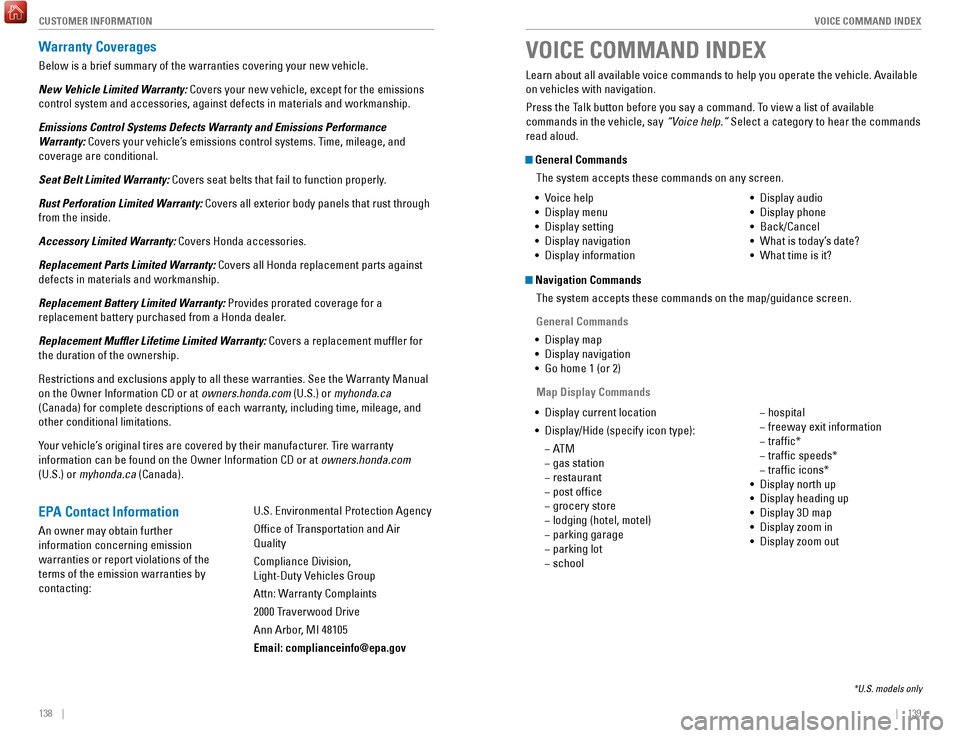 HONDA HR-V 2017 2.G Quick Guide 138    ||    139
       VOICE COMMAND INDEX
CUSTOMER INFORMATION
Learn about all available voice commands to help you operate the vehicle\
. Available 
on vehicles with navigation.
Press the Talk butt