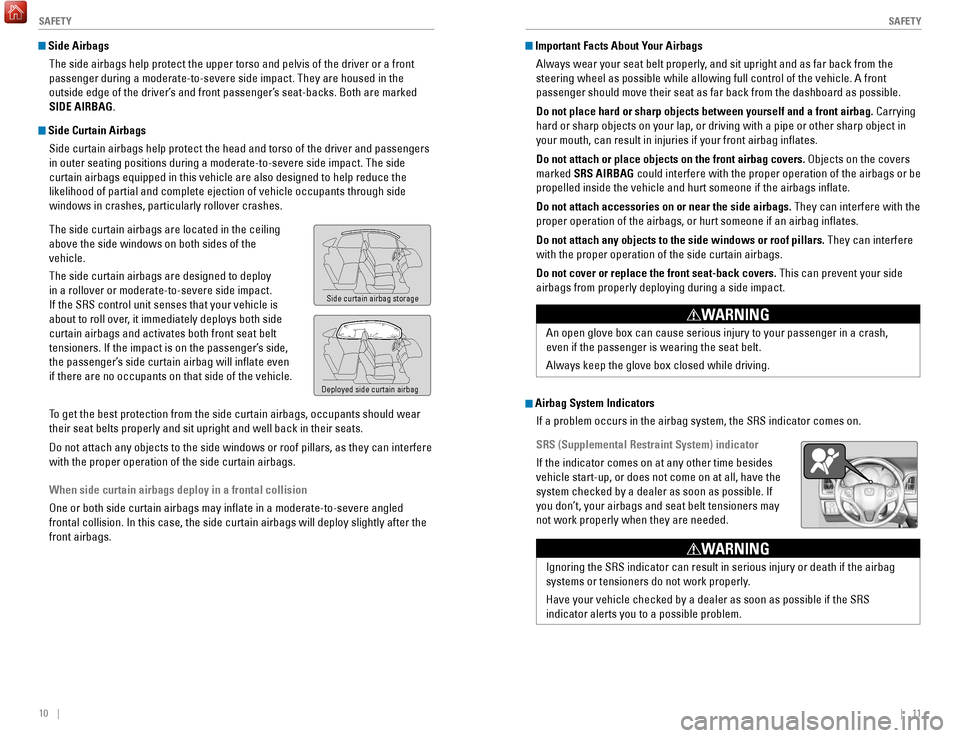 HONDA HR-V 2017 2.G Quick Guide 10    ||    11
       S AFETY
S
AFETY
 Side Airbags
The side airbags help protect the upper torso and pelvis of the driver o\
r a front 
passenger during a moderate-to-severe side impact. They are hou