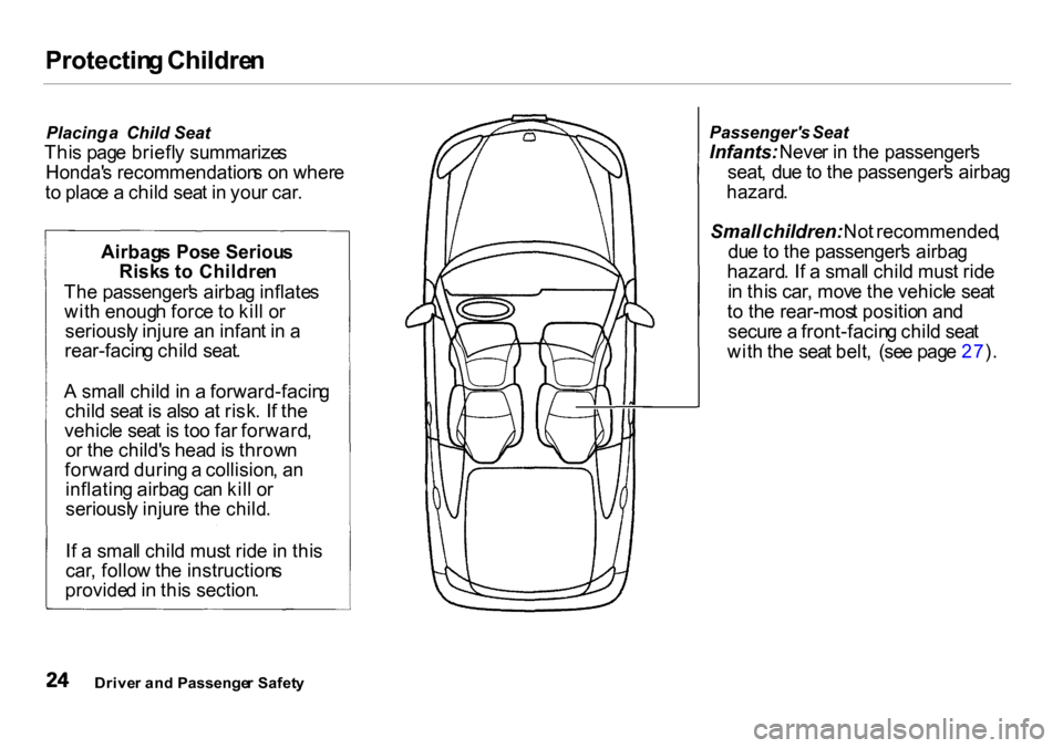 HONDA INSIGHT 2000 1.G Owners Manual Protectin
g Childre n
Placing a Child Seat
Thi s pag e briefl y summarize s
Honda s recommendation s o n wher e
t o plac e a chil d sea t i n you r car . Passengers
Seat
Infants: Never i n HONDA INSIGHT 2000 1.G Owners Manual Protectin
g Childre n
Placing a Child Seat
Thi s pag e briefl y summarize s
Honda s recommendation s o n wher e
t o plac e a chil d sea t i n you r car . Passengers
Seat
Infants: Never i n