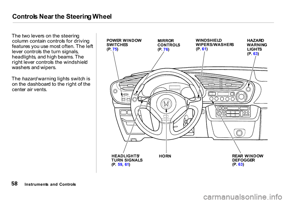 HONDA INSIGHT 2000 1.G Repair Manual Controls Nea r th e Steerin g Whee l
The tw o lever s o n th e steerin g
colum n contai n control s fo r drivin g
feature s yo u us e mos t often . Th e lef t
leve r control s th e tur n signals ,
hea HONDA INSIGHT 2000 1.G Repair Manual Controls Nea r th e Steerin g Whee l
The tw o lever s o n th e steerin g
colum n contai n control s fo r drivin g
feature s yo u us e mos t often . Th e lef t
leve r control s th e tur n signals ,
hea