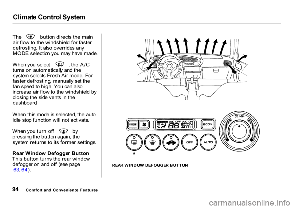 HONDA INSIGHT 2000 1.G Owners Manual Climat
e Contro l Syste m
Th
e butto n direct s th e mai n
ai r flo w to th e windshiel d fo r faste r
defrosting . I t als o override s an y
MOD E selectio n yo u ma y hav e made .Whe
n yo u selec HONDA INSIGHT 2000 1.G Owners Manual Climat
e Contro l Syste m
Th
e butto n direct s th e mai n
ai r flo w to th e windshiel d fo r faste r
defrosting . I t als o override s an y
MOD E selectio n yo u ma y hav e made .Whe
n yo u selec