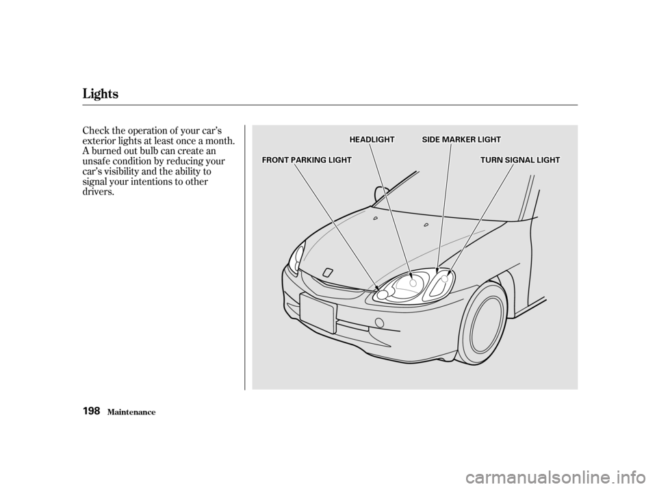 HONDA INSIGHT 2001 1.G Owners Manual Check the operation of your car’s 
exterior lights at least once a month.
A burned out bulb can create an
unsaf e condition by reducing your
car’s visibility and the ability to
signal your intenti