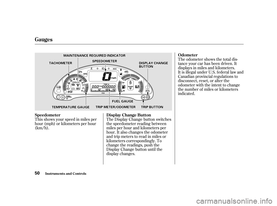 HONDA INSIGHT 2001 1.G Service Manual The odometer shows the total dis- 
tance your car has been driven. It
displays in miles and kilometers.
It is illegal under U.S. f ederal law and
Canadian provincial regulations to
disconnect, reset, 