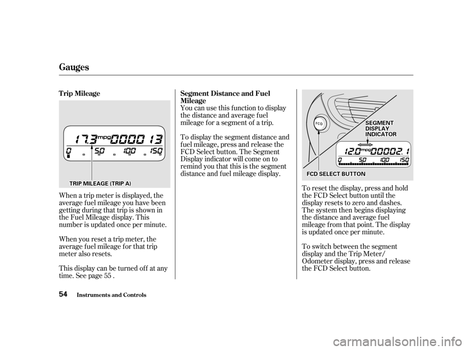 HONDA INSIGHT 2001 1.G Workshop Manual When you reset a trip meter, the 
average fuel mileage for that trip
meter also resets.
When a trip meter is displayed, the
average fuel mileage you have been
getting during that trip is shown in
the 