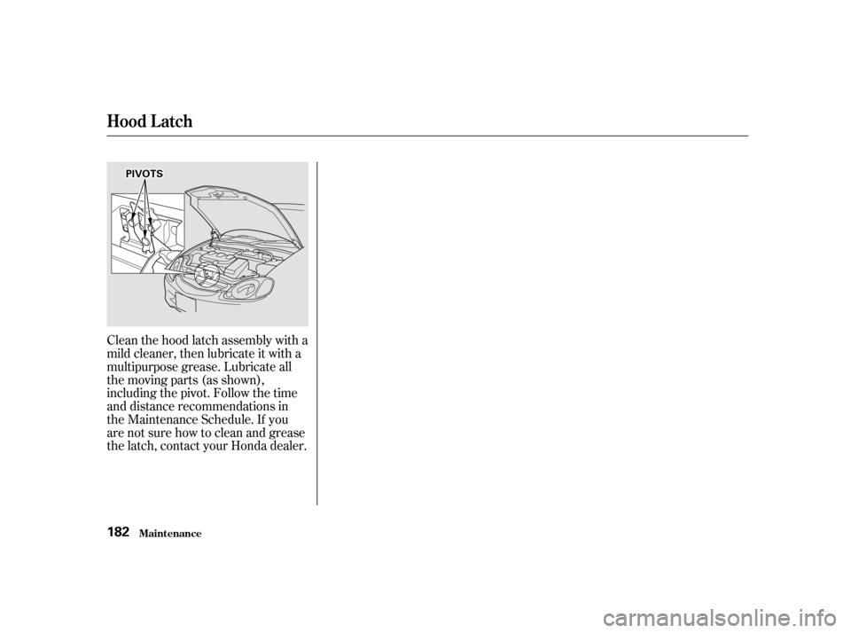 HONDA INSIGHT 2002 1.G Owners Manual Clean the hood latch assembly with a
mild cleaner, then lubricate it with a
multipurpose grease. Lubricate all
the moving parts (as shown),
including the pivot. Follow the time
and distance recommenda