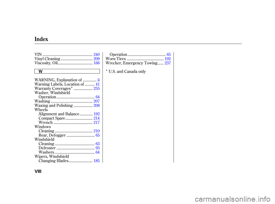 HONDA INSIGHT 2002 1.G Owners Manual ÎÎ
.................................................
VIN .240
...............................
Vinyl Cleaning .209
..................................
Viscosity, Oil .166
.............
WARNING, Expl