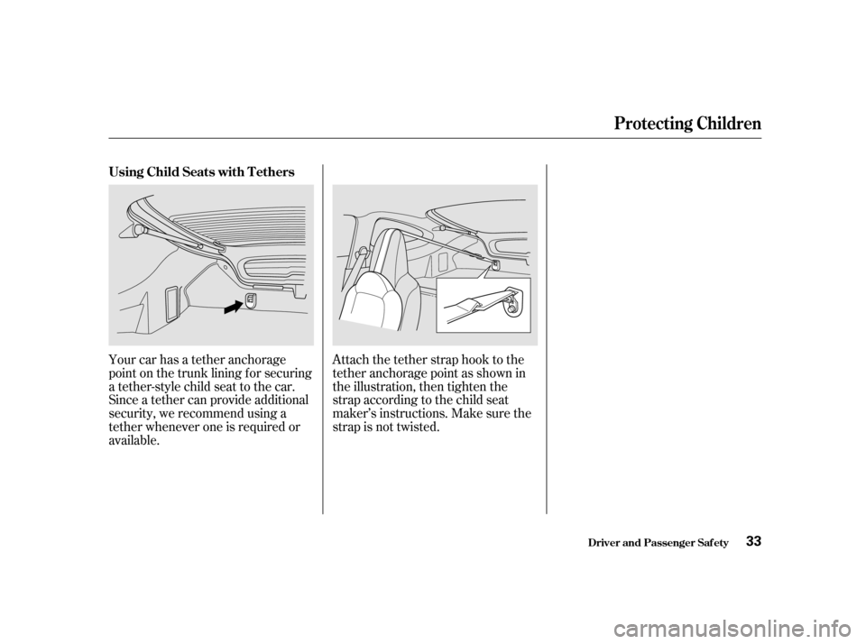 HONDA INSIGHT 2002 1.G Owners Guide Since a tether can provide additional
security, we recommend using a
tether whenever one is required or
available.Attach the tether strap hook to the
tether anchorage point as shown in
the illustratio HONDA INSIGHT 2002 1.G Owners Guide Since a tether can provide additional
security, we recommend using a
tether whenever one is required or
available.Attach the tether strap hook to the
tether anchorage point as shown in
the illustratio