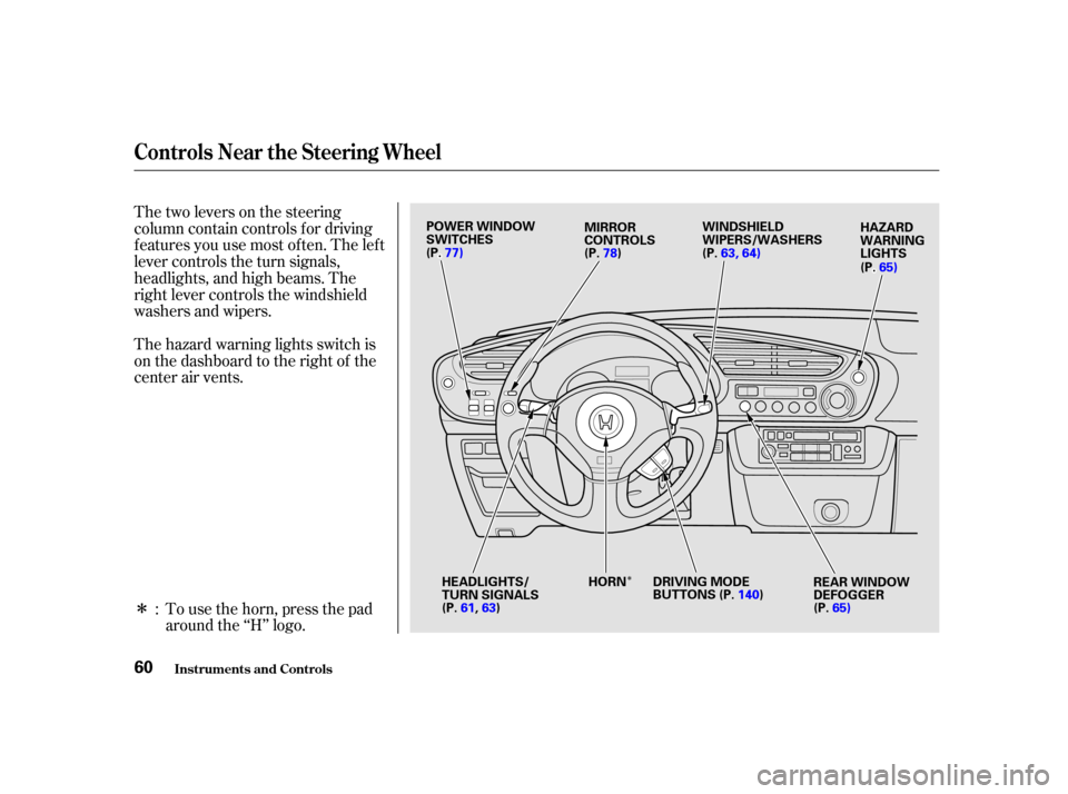 HONDA INSIGHT 2002 1.G Owners Manual Î
Î
Î Thetwoleversonthesteering
column contain controls f or driving
f eatures you use most of ten. The lef t
lever controls the turn signals,
headlights, and high beams. The
right lever control