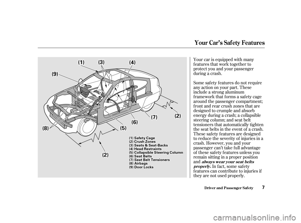 HONDA INSIGHT 2002 1.G Owners Manual Your car is equipped with many
features that work together to
protect you and your passenger
during a crash.
These saf ety f eatures are designed
to reduce the severity of injuries in a
crash. However