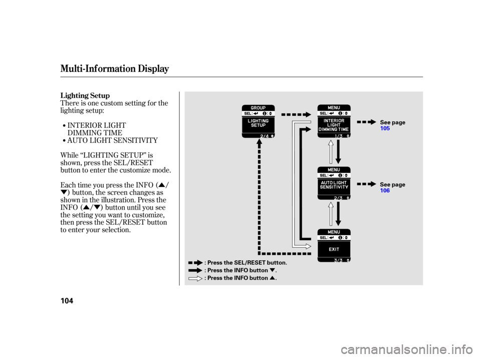 HONDA INSIGHT 2003 1.G Service Manual Û
Ý
ÛÝ
Ý
Û
There is one custom setting f or the
lighting setup:
Each time you press the INFO ( /) button, the screen changes as
shown in the illustration. Press the
INFO ( / ) button until