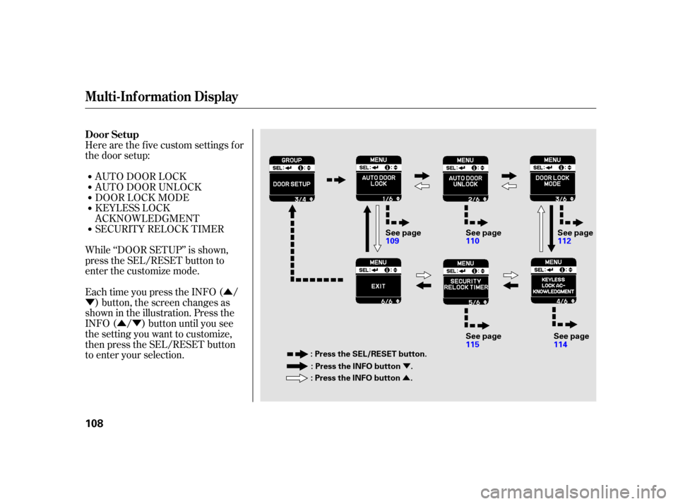 HONDA INSIGHT 2003 1.G Owners Manual Û
Ý
ÛÝ
ÛÝ
AUTO DOOR LOCK
Here are the f ive custom settings f or
the door setup:
While ‘‘DOOR SETUP’’ is shown,
press the SEL/RESET button to
enter the customize mode.
Each time yo