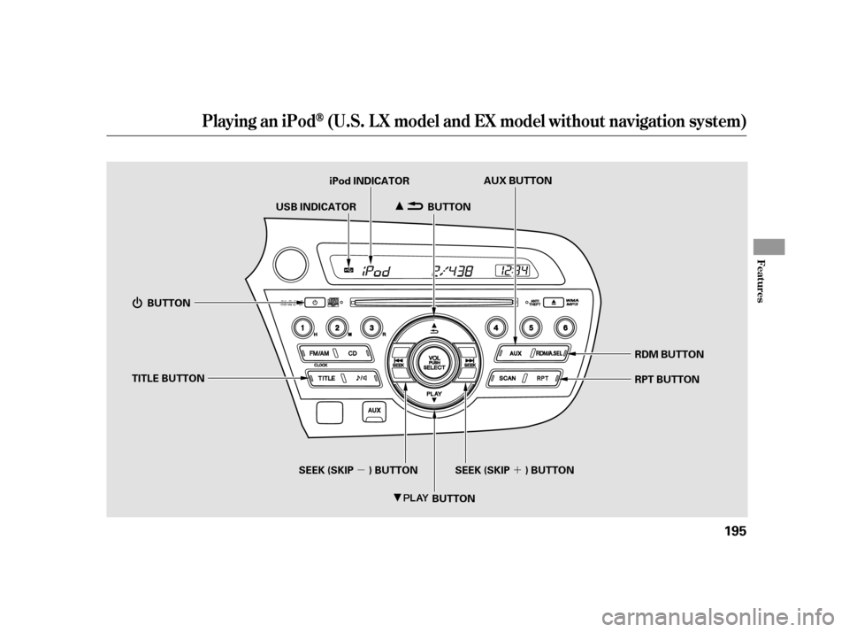 HONDA INSIGHT 2003 1.G Owners Manual ´
µ
Playing an iPod(U.S. L X model and EX model wit hout navigat ion syst em)
Features
195
BUTTON
BUTTON
TITLE BUTTON
BUTTON AUX BUTTON
iPod INDICATOR
USB INDICATOR
RDM BUTTON
RPT BUTTON
SEEK (SKI