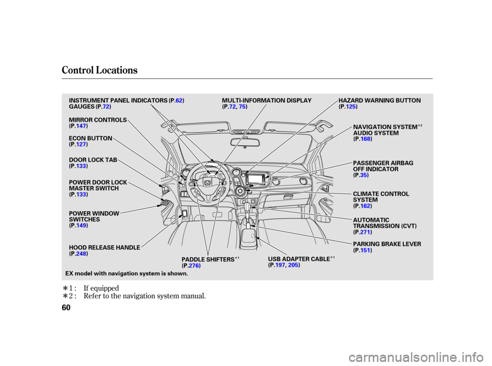 HONDA INSIGHT 2003 1.G Owners Manual Î
Î
Î
Î
Î
If equipped
Ref er to the navigation system manual.
1:
2:
Control L ocations
60
(P.72)
(P.72,75)
EX model with navigation system is shown. HAZARD WARNING BUTTON
MULTI-INFORMATION D