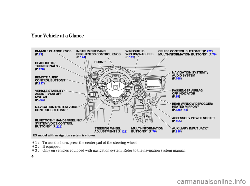 HONDA INSIGHT 2003 1.G Owners Manual Î
Î
Î
Î
Î
Î Î
Î
Î
Î Î
Î
Î
Only on vehicles equipped with navigation system. Ref er to the navigation system manual. To use the horn, press the center pad of the steering whee