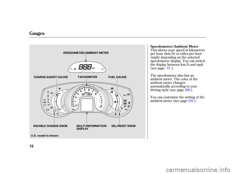 HONDA INSIGHT 2003 1.G User Guide This shows your speed in kilometers
per hour (km/h) or miles per hour
(mph) depending on the selected
speedometer display. You can switch
the display between km/h and mph
(see page ).
The speedometer 
