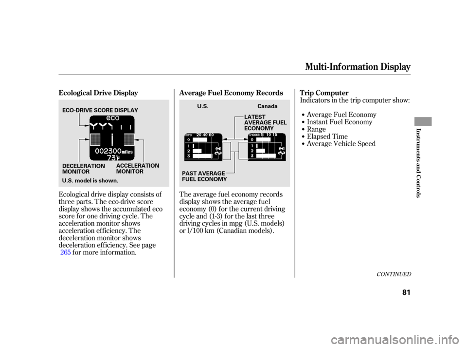 HONDA INSIGHT 2003 1.G Owners Manual Ecological drive display consists of
three parts. The eco-drive score
display shows the accumulated eco
score f or one driving cycle. The
acceleration monitor shows
acceleration ef f iciency. The
dece