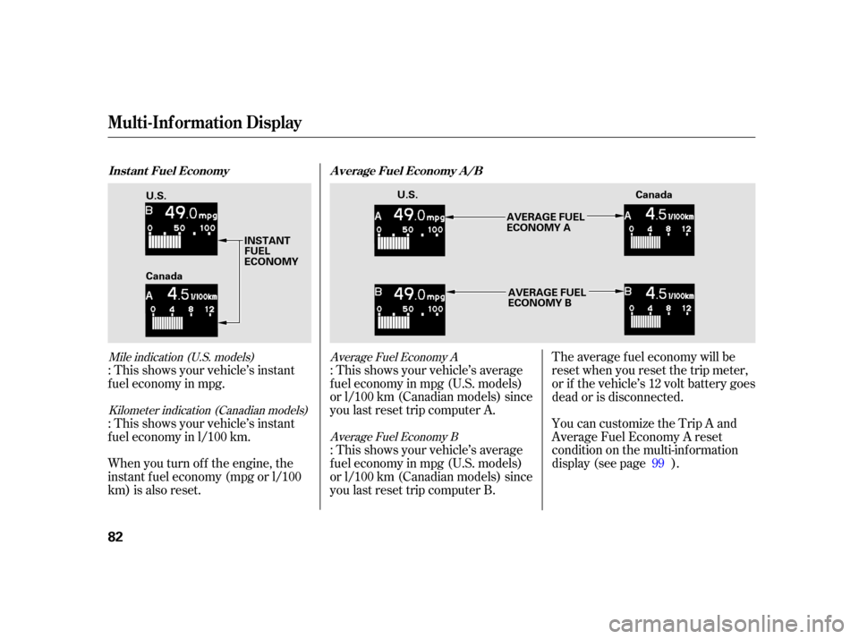 HONDA INSIGHT 2003 1.G User Guide Mile indication (U.S. models)Kilometer indication (Canadian models) Average Fuel Economy A
Average Fuel Economy B
: This shows your vehicle’s instant
f uel economy in mpg. : This shows your vehicle�