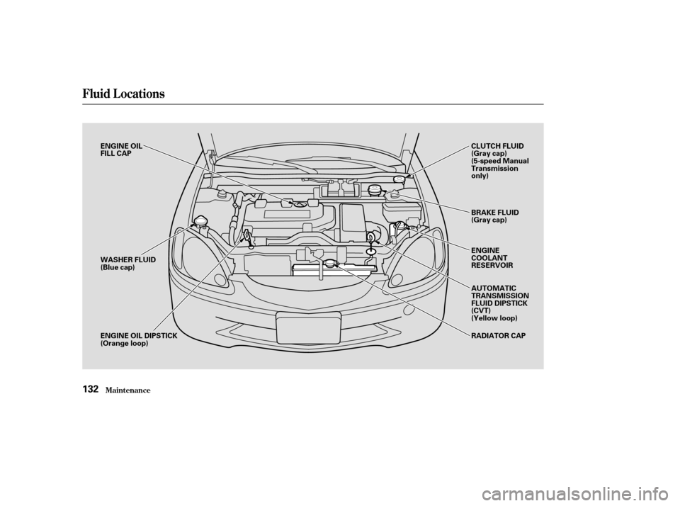 HONDA INSIGHT 2004 1.G Owners Manual Fluid Locations
Maint enance132
ENGINE OIL
FILL CAP
WASHER FLUID
(Blue cap)
ENGINE OIL DIPSTICK
(Orange loop)BRAKE FLUID
(Gray cap)
ENGINE
COOLANT
RESERVOIR
AUTOMATIC
TRANSMISSION
FLUID DIPSTICK
(CVT)