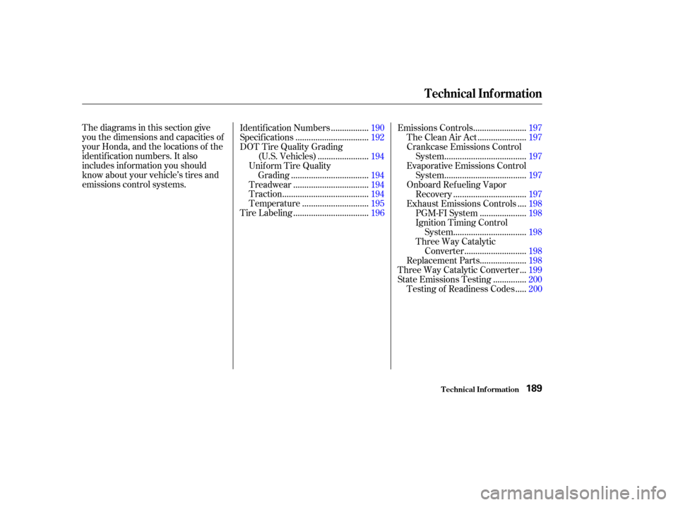 HONDA INSIGHT 2004 1.G Owners Manual Thediagramsinthissectiongive
you the dimensions and capacities of
your Honda, and the locations of the
identif ication numbers. It also
includes inf ormation you should
know about your vehicle’s tir