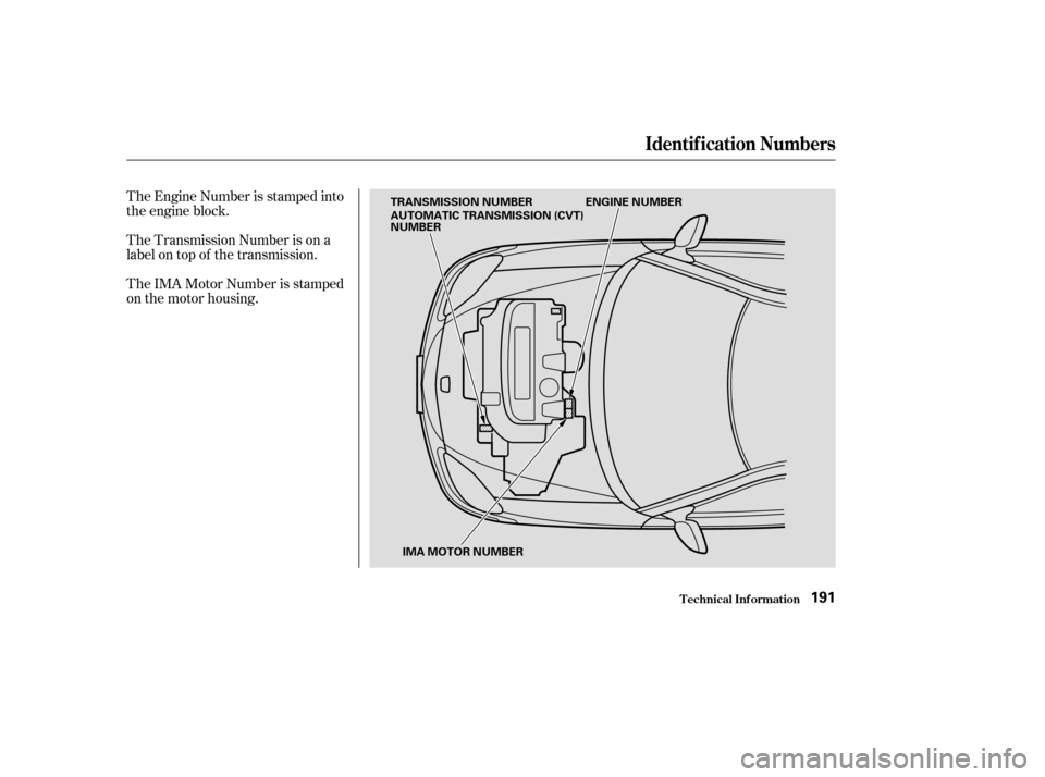 HONDA INSIGHT 2004 1.G Repair Manual The Engine Number is stamped into
the engine block.
The Transmission Number is on a
label on top of the transmission.
The IMA Motor Number is stamped
on the motor housing.
Identif ication Numbers
T ec