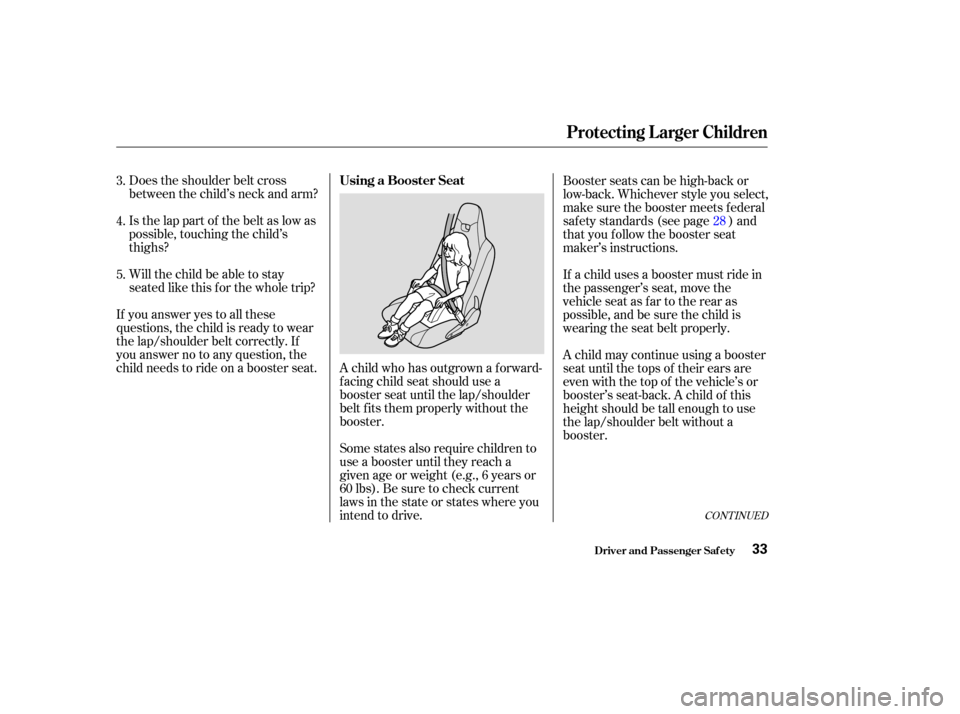 HONDA INSIGHT 2004 1.G Owners Guide Does the shoulder belt cross
between the child’s neck and arm?
Is the lap part of the belt as low as
possible, touching the child’s
thighs?
Will the child be able to stay
seated like this f or the