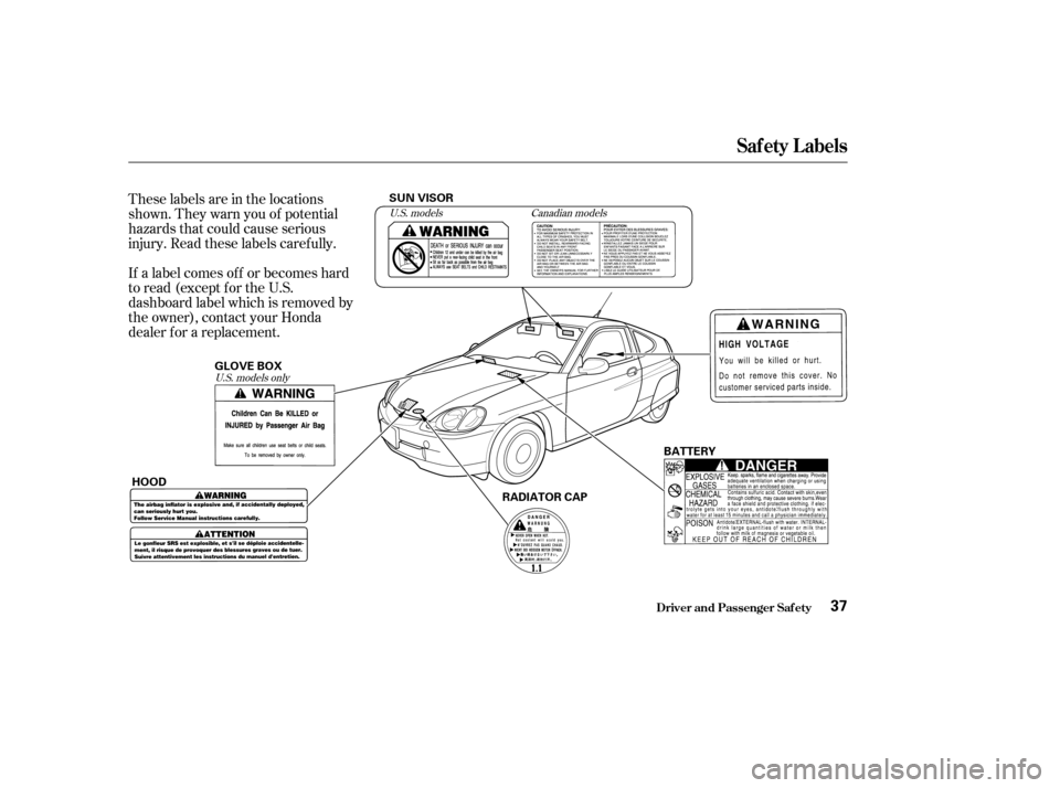 HONDA INSIGHT 2004 1.G Owners Manual These labels are in the locations
shown. They warn you of potential
hazards that could cause serious
injury. Read these labels caref ully.
If a label comes of f or becomes hard
to read (except for the